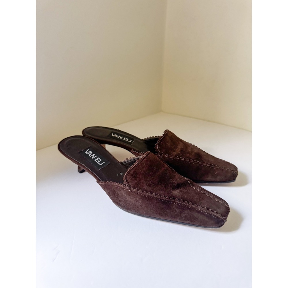 Van Eli Vintage Brown Suede Kitten Heel Mules Square Toe Y2K Slides Womens 7.5 M